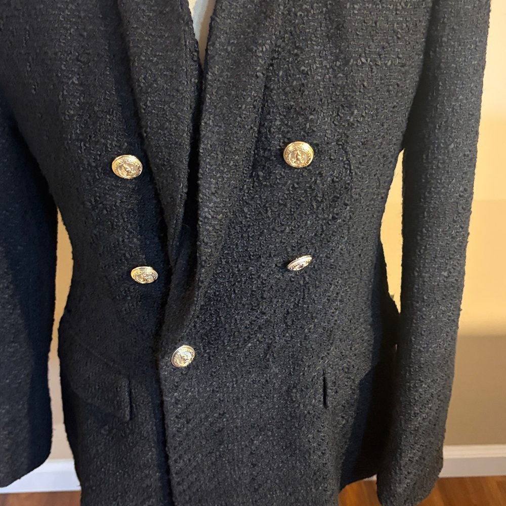 Zara Black Textured Double-Breasted Blazer with gold  Buttons - Picture 2 of 9